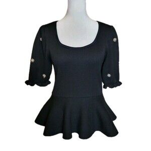 Love Scarlett Puff Sleeve Peplum Small Blouse Floral Embellished Black Romantic